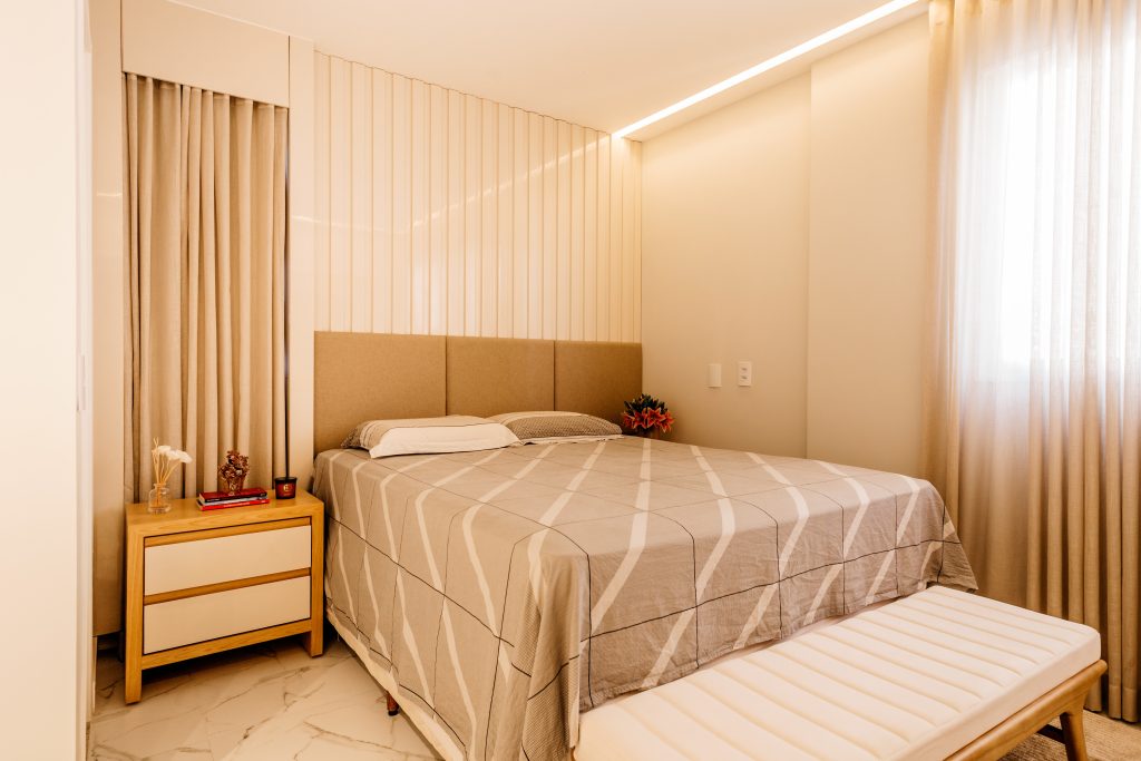 The interior design of a bedroom with a modern decoration
